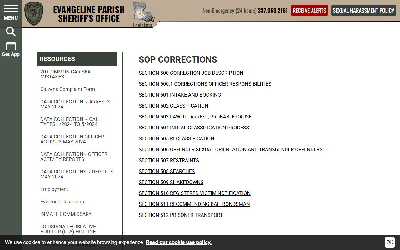 Evangeline Parish corrections SOP index for jail rules