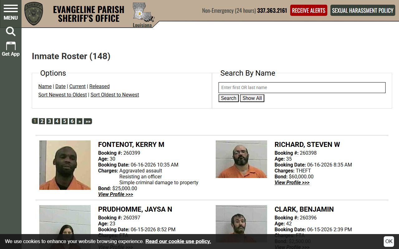 Evangeline Parish current jail roster with booking cards