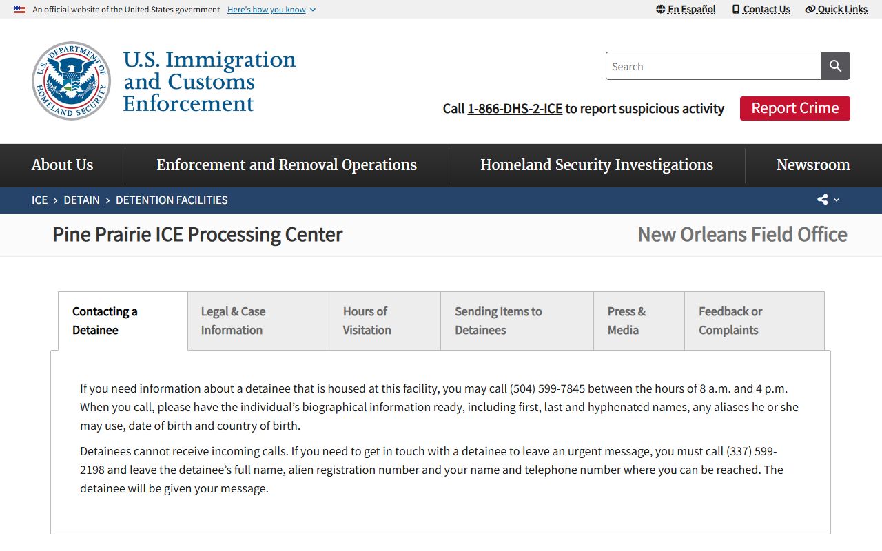 Pine Prairie ICE Processing Center detainee facility page