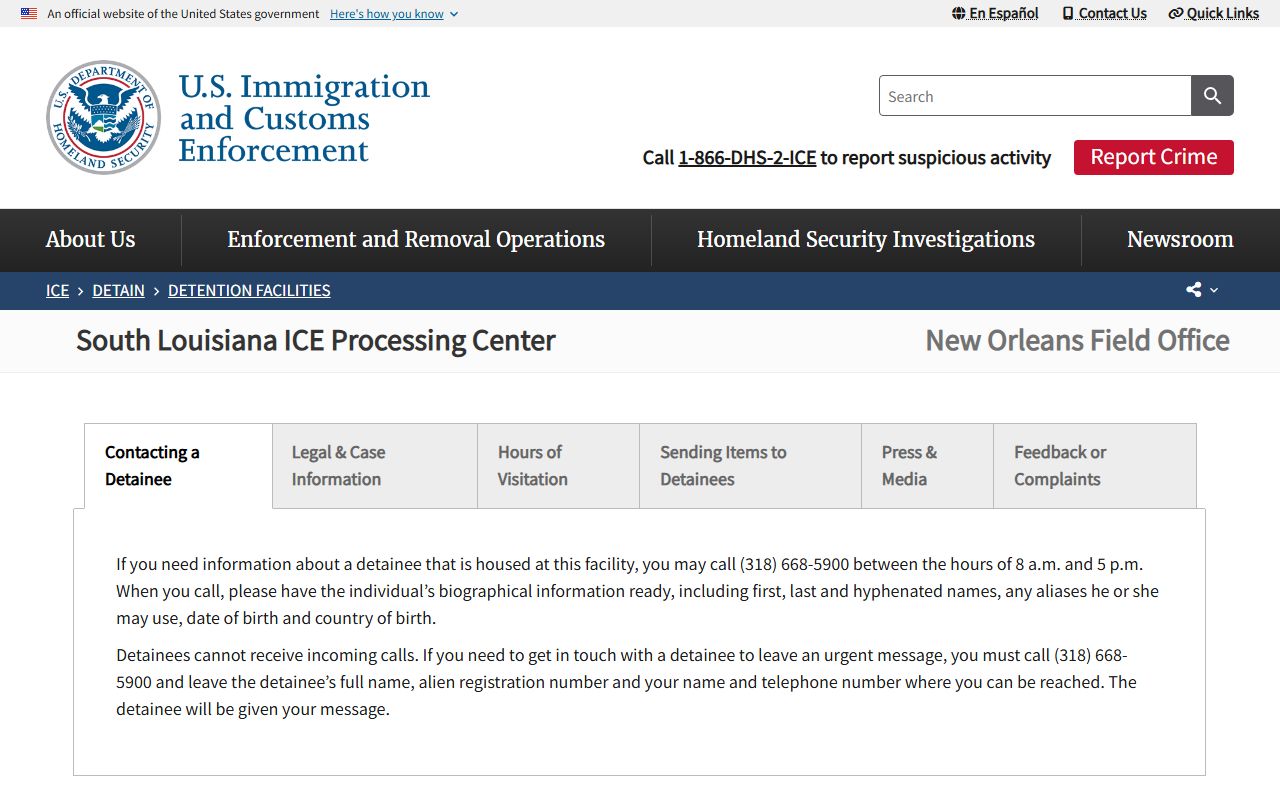 South Louisiana ICE Processing Center detainee facility page